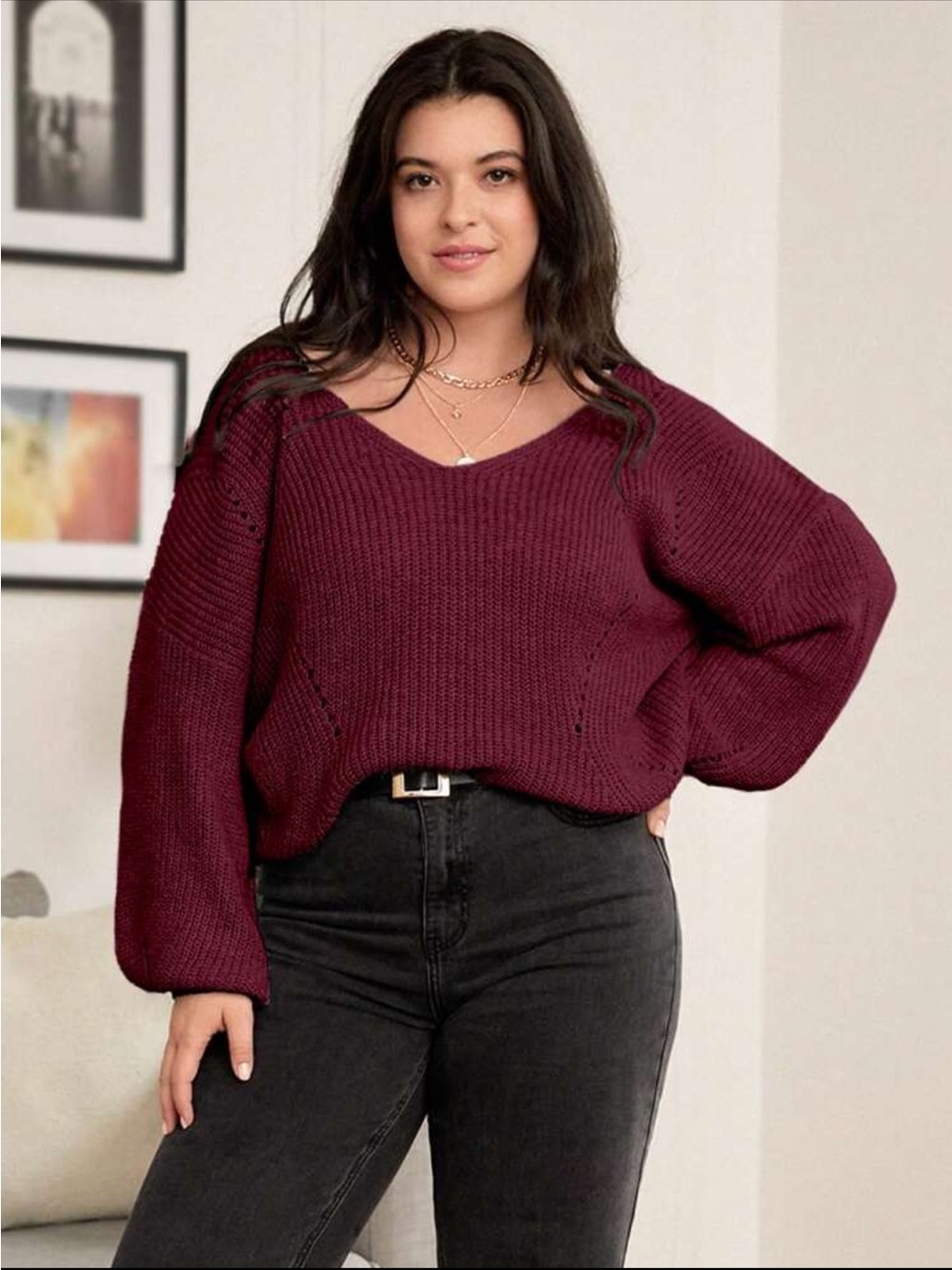 V-Neck Maroon Knit Oversized Sweater - Women's Cozy Pullover - 1X